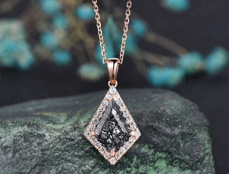 simple gold necklaces for women -Vintage kite natural black rutilated quartz necklace solid 14k rose gold halo diamond pendant women dainty unique anniversary gift mother