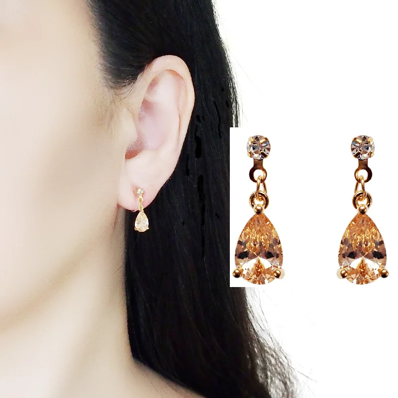 flower-shaped earrings for women -Dangle Teardrop Light Orange Cubic Zirconia Invisible Clip On earrings