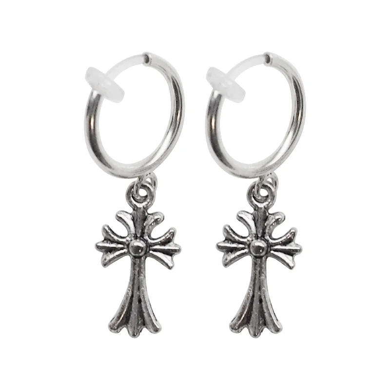 unique stud earrings for women -Silver Cross Resin Clip On Hoop Earrings