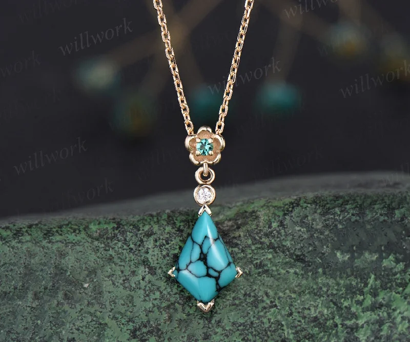 pendant necklaces for women -Kite turquoise necklace solid 14k yellow gold bezel emerald diamond floral pendant women her anniversary bridal gift mother jewelry