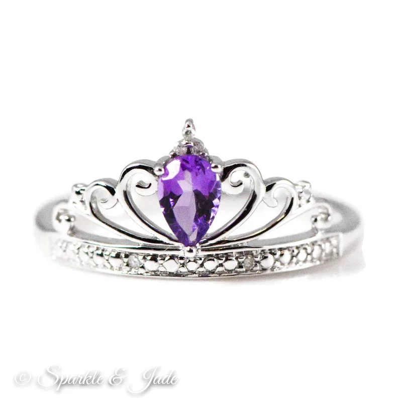 engagement necklaces for women -Sterling Silver Teardrop Pear Amethyst and Diamond Crown Ring