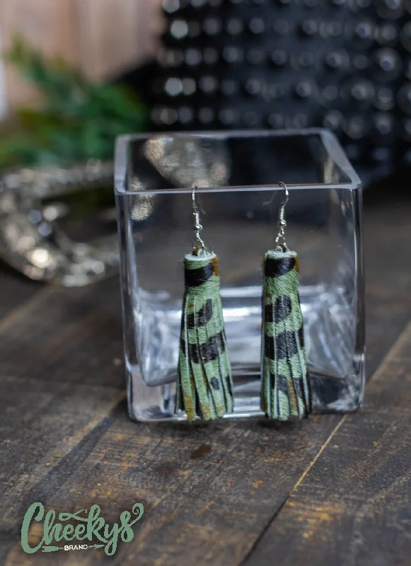 boho earrings for women -Camo Leather Tassel Earrings