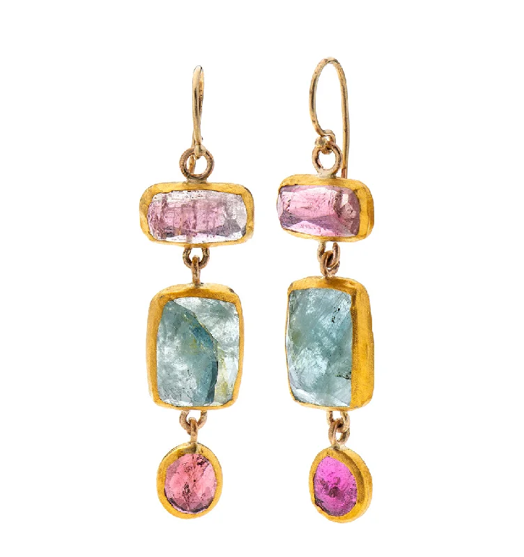 flower-shaped earrings for women -Nava Zahavi Yellow Gold Tourmaline Aqua Triple Power Earrings