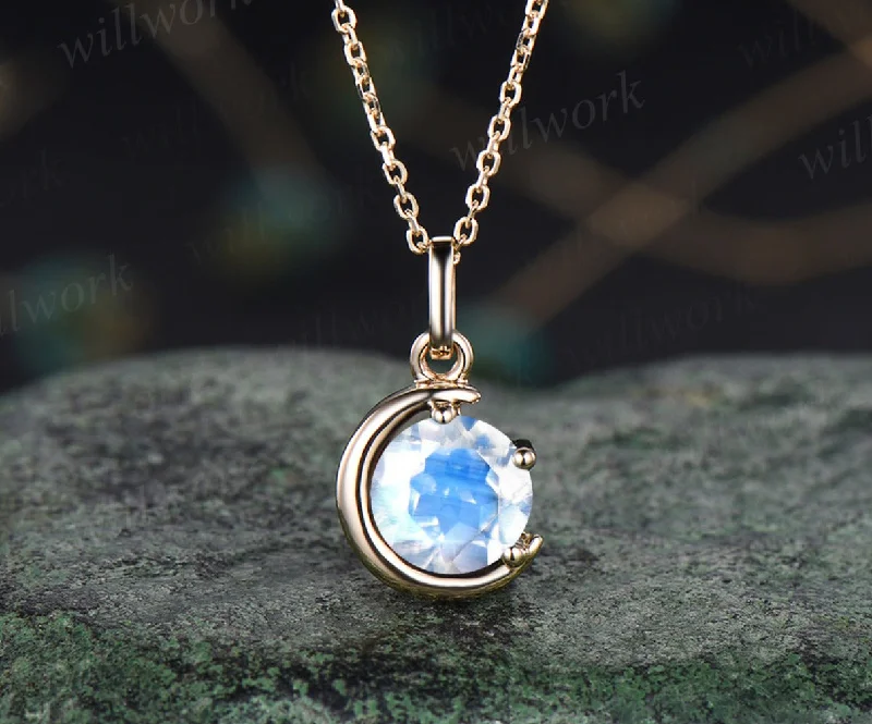 zodiac necklaces for women -Minimalist June Birthstone Round Cut Blue Moonstone Necklace Delicate Moon Pendant 14k Yellow Gold Solitaire Necklace Birthday Gift