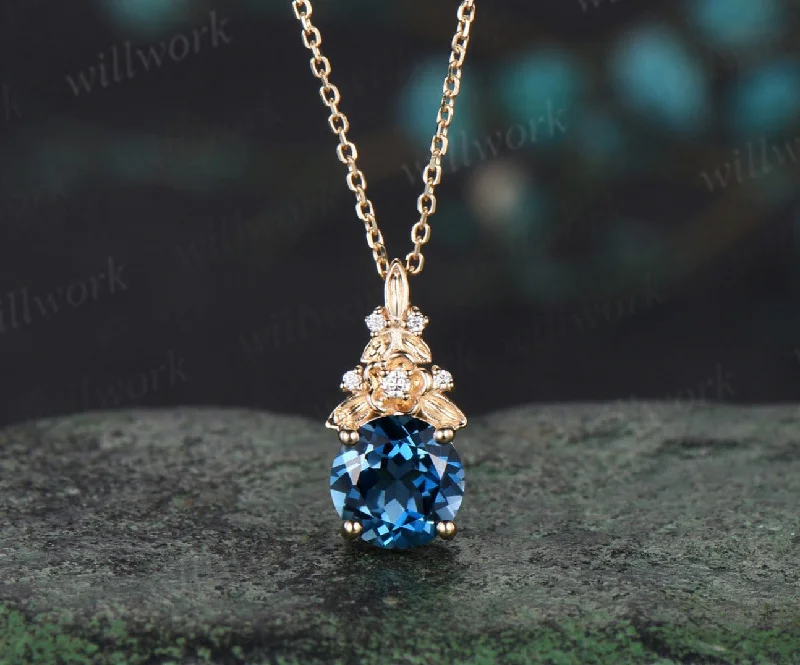 elegant diamond necklaces for women -Vintage round cut London blue topaz necklace 14k yellow gold Floral leaf diamond pendant women anniversary gift jewelry