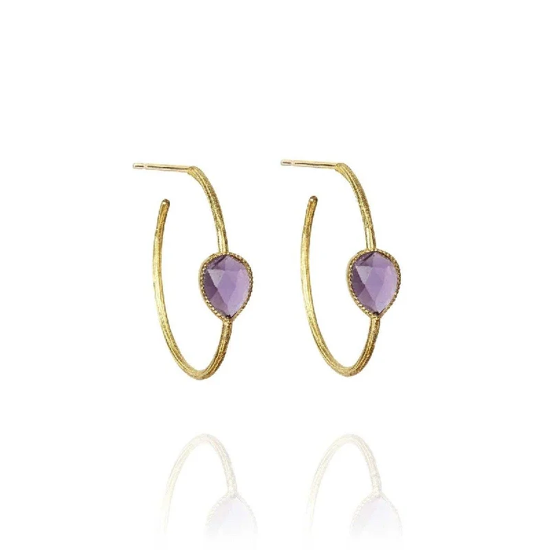 hoop earrings for women -Large Creole Pear Earrings Large Creole Amethyst -18k Gold