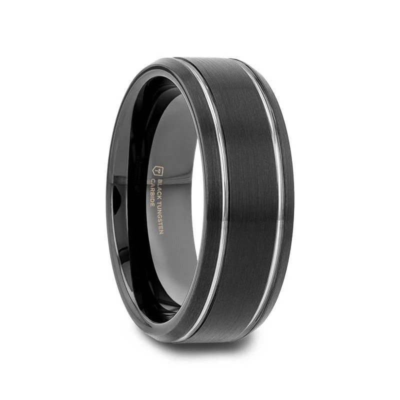 crystal necklaces for women -Thorsten NOCTURNE Black Beveled Tungsten Carbide Band with Polished Grooves and Brushed Finish - 6mm or 8mm