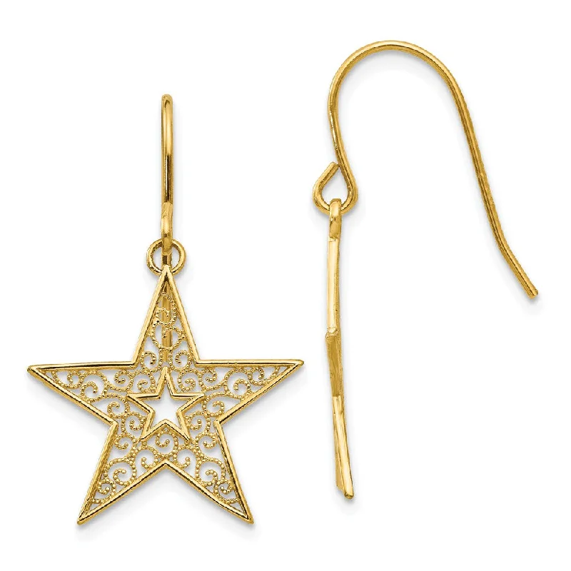 silver hoop earrings for women -18mm Filigree Star Dangle Earrings in 14k Yellow Gold